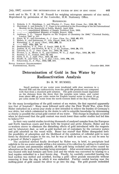 Determination of gold in sea water by radioactivation analysis