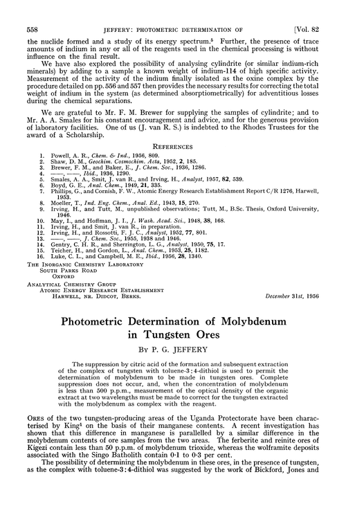 Photometric determination of molybdenum in tungsten ores