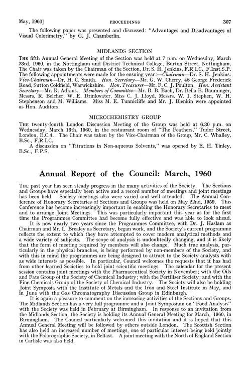 Annual Report of the Council: March, 1960
