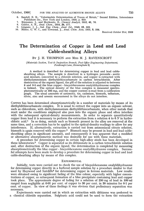 The determination of copper in lead and lead cable-sheathing alloys