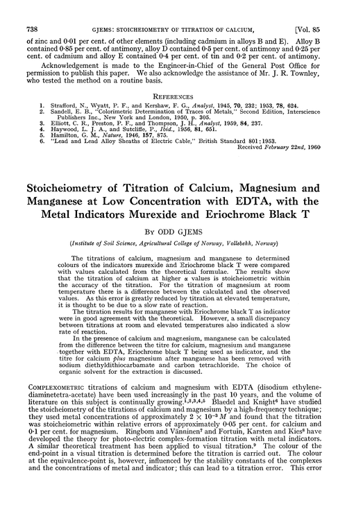 Stoicheiometry of titration of calcium, magnesium and manganese at low concentration with EDTA, with the metal indicators murexide and Eriochrome black T