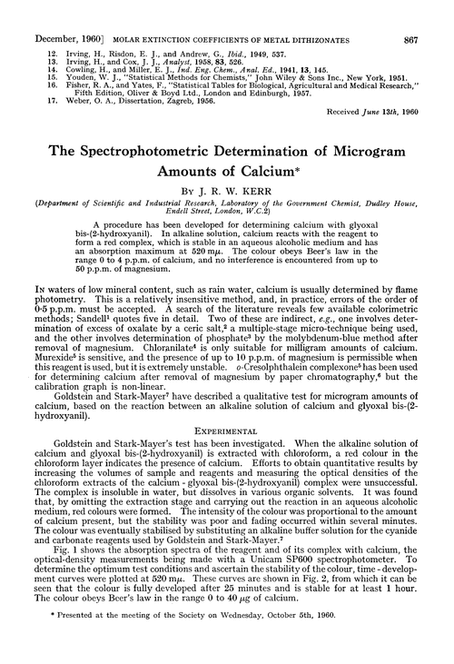 The spectrophotometric determination of microgram amounts of calcium