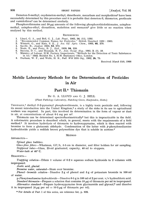 Mobile laboratory methods for the determination of pesticides in air. Part II. Thionazin