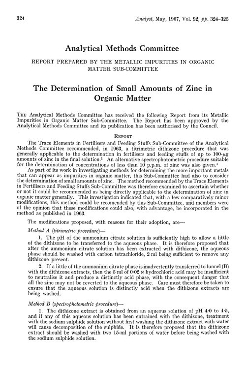 The determination of small amounts of zinc in organic matter