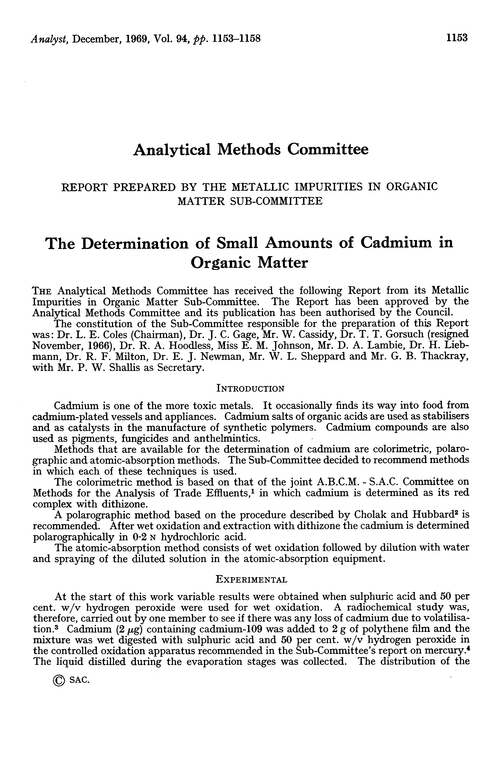 The determination of small amounts of cadmium in organic matter