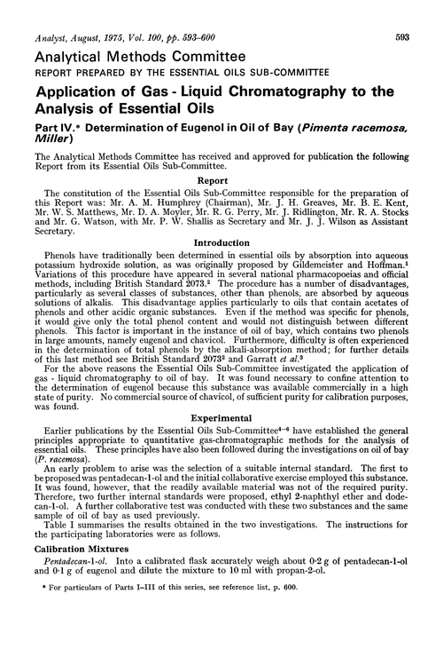 Application of gas-liquid chromatography to the analysis of essential oils. Part IV. Determination of eugenol in oil of bay (Pimenta racemosa, Miller)