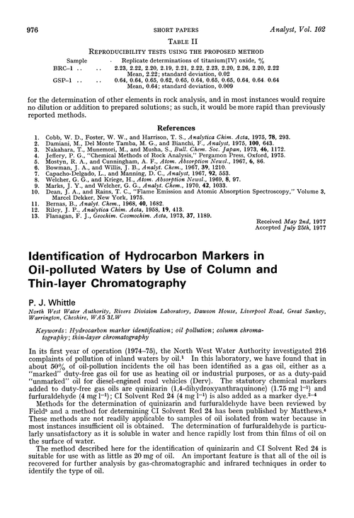 Identification of hydrocarbon markers in oil-polluted waters by use of column and thin-layer chromatography