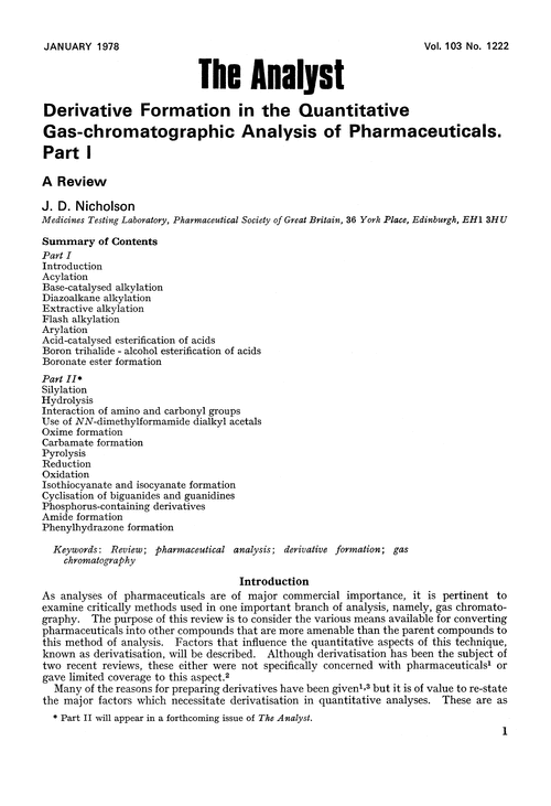 Derivative formation in the quantitative gas-chromatographic analysis of pharmaceuticals. Part I. A review