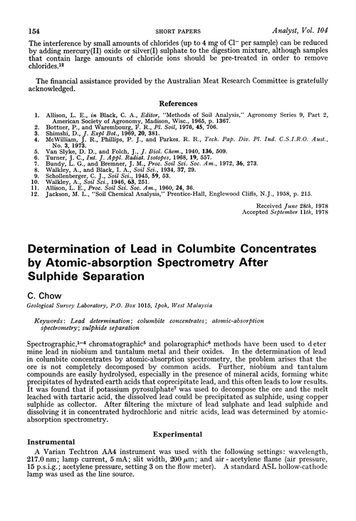 Determination of lead in columbite concentrates by atomic-absorption spectrometry after sulphide separation