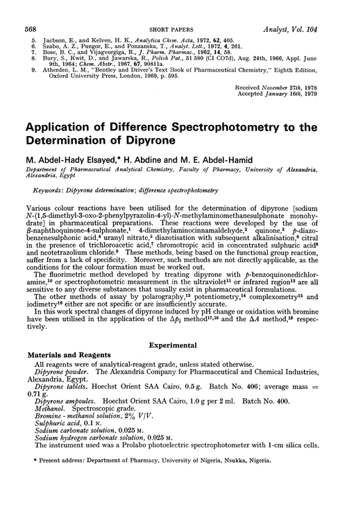 Application of difference spectrophotometry to the determination of dipyrone