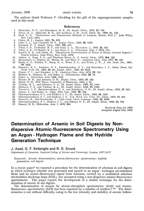Determination of arsenic in soil digests by non-dispersive atomic-fluorescence spectrometry using an argon-hydrogen flame and the hydride generation technique