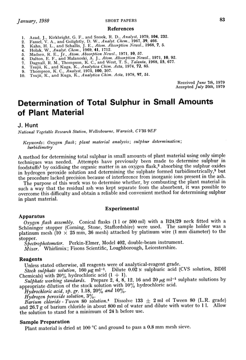 Determination of total sulphur in small amounts of plant material