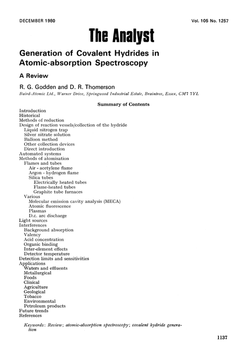 Generation of covalent hydrides in atomic-absorption spectroscopy. A review