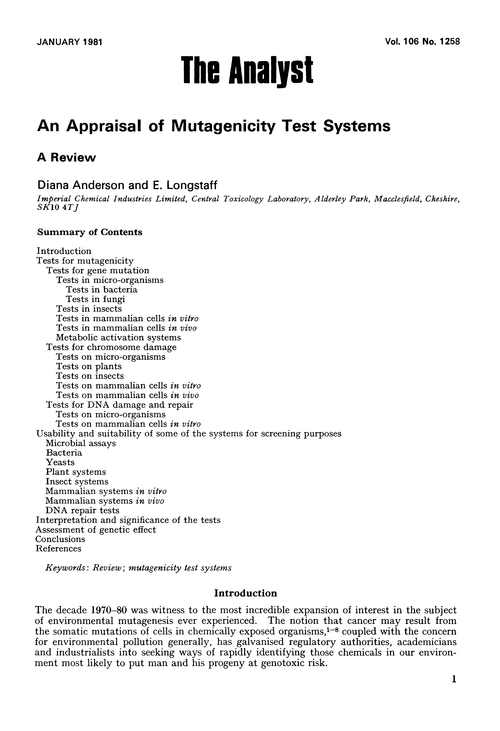 An appraisal of mutagenicity test systems. A review