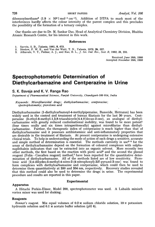 Spectrophotometric determination of diethylcarbamazine and centperazine in urine