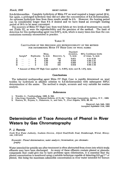 Determination of trace amounts of phenol in river waters by gas chromatography