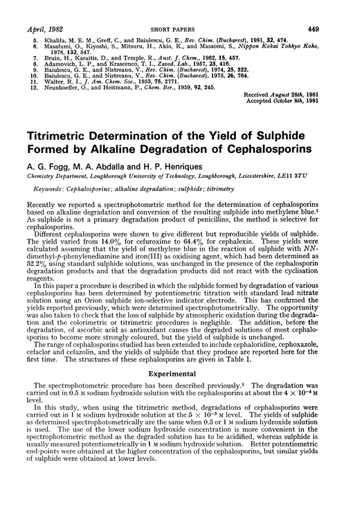 Titrimetric determination of the yield of sulphide formed by alkaline degradation of cephalosporins
