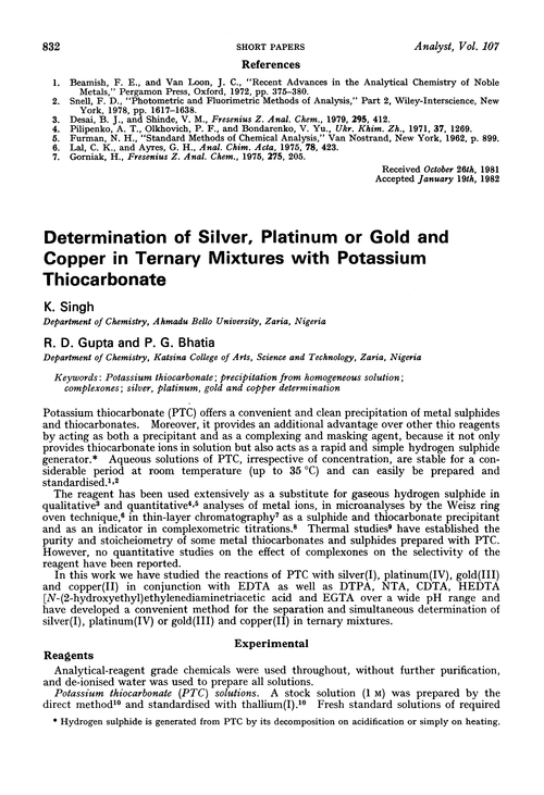 Determination of silver, platinum or gold and copper in ternary mixtures with potassium thiocarbonate