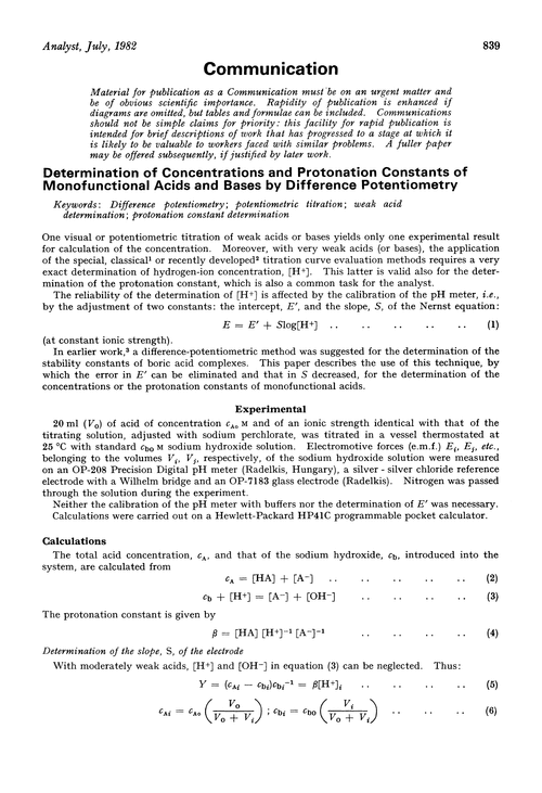 Communication. Determination of concentrations and protonation constants of monofunctional acids and bases by difference potentiometry