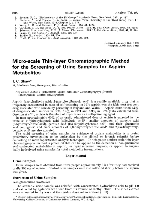 Micro-scale thin-layer chromatographic method for the screening of urine samples for aspirin metabolites