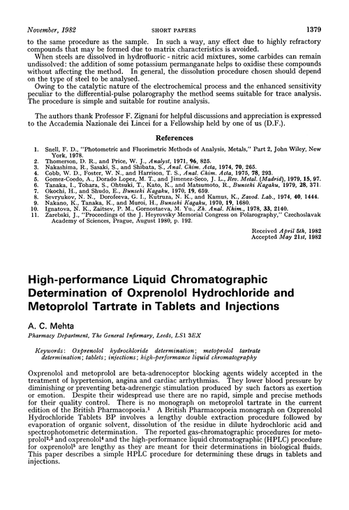 High-performance liquid chromatographic determination of oxprenolol hydrochloride and metoprolol tartrate in tablets and injections