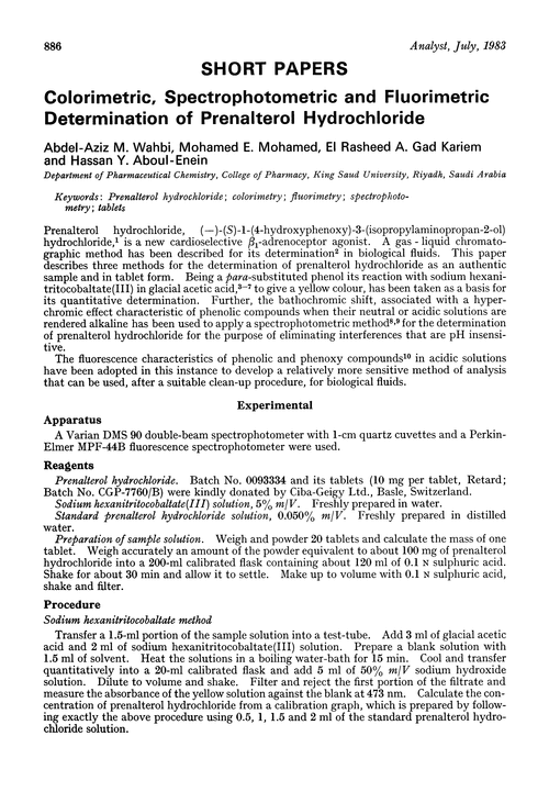 Colorimetric, spectrophotometric and fluorimetric determination of prenalterol hydrochloride