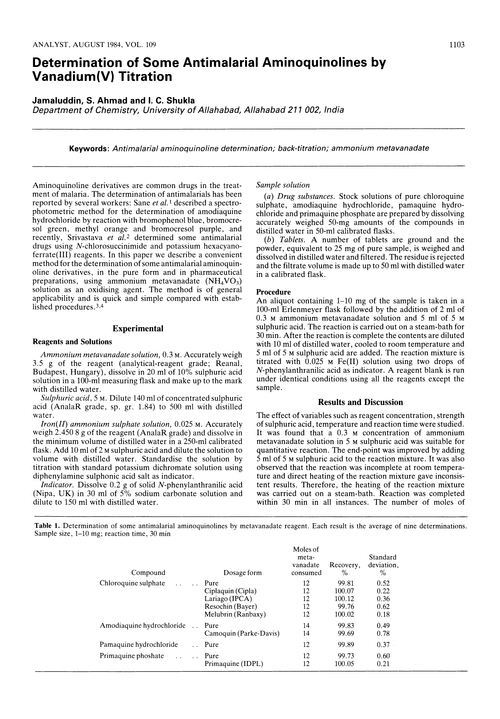 Determination of some antimalarial aminoquinolines by vanadium(V) titration