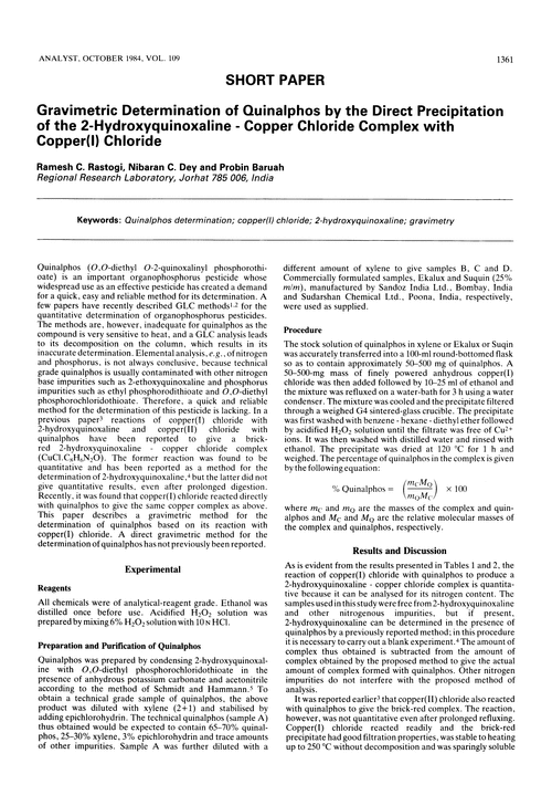 Gravimetric determination of quinalphos by the direct precipitation of the 2-hydroxyquinoxaline-copper chloride complex with copper(I) chloride