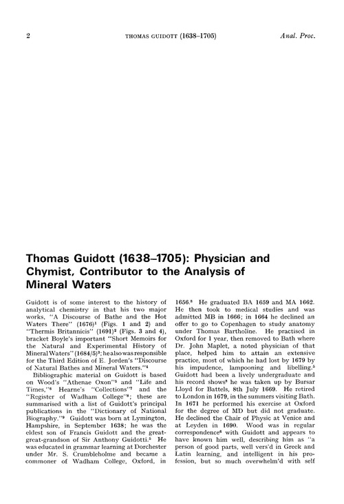 Thomas Guidott (1638–1705): Physician and Chymist, contributor to the analysis of mineral waters