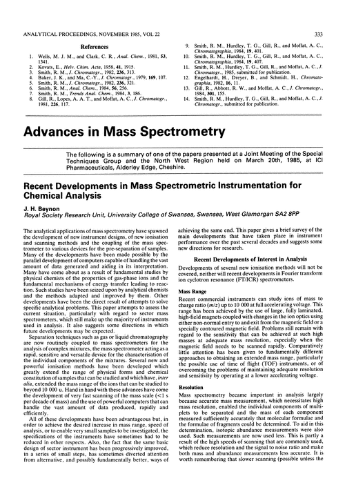 Advances in mass spectrometry. Recent developments in mass spectrometric instrumentation for chemical analysis