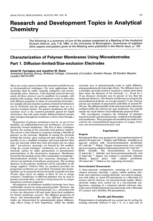 Research and development topics in analytical chemistry. Characterization of polymer membranes using microelectrodes. Part 1. Diffusion-limited/size-exclusion electrodes
