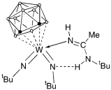 Graphical abstract: Tungsten(VI) metallacarborane imido complexes; hydrogen bonding to a bent imido ligand in {W(NtBu)2[N(H)C(Me)NHtBu](C2B9H11)} [ ]