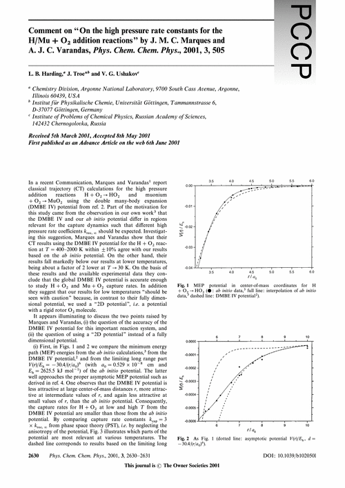 Comment on “On the high pressure rate constants for the H/Mu + O2 addition reactions” by J. M. C. Marques and A. J. C. Varandas, Phys. Chem. Chem. Phys., 2001, 3, 505