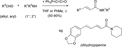 Graphical abstract: Three-component synthesis of (E)-α,β-unsaturated amides of the piperine family