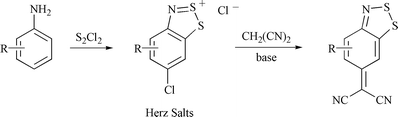 Graphical abstract: Reaction of Herz salts with malononitrile: a general route to (6H-1,2,3-benzodithiazol-6-ylidene)malononitriles