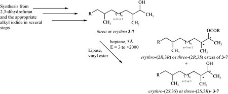 Graphical abstract: Synthesis and lipase catalysed stereoselective acylation of some 3-methylalkan-2-ols, identified as sex pheromone precursors in females of pine sawfly species