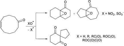 Graphical abstract: Self-terminating, oxidative radical cyclizations of medium-sized cycloalkynones with inorganic and organic oxygen-centered radicals of type XO˙: the reaction pathway depends on the nature of X