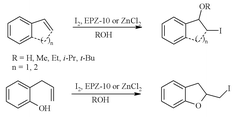 Graphical abstract: EPZ-10 catalyzed regioselective transformation of alkenes into β-iodo ethers, iodohydrins and 2-iodomethyl-2,3-dihydrobenzofurans