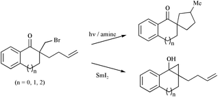 Graphical abstract: Changeable reactivity of ketyl radicals derived from 2-bromomethyl-2-(3-butenyl)benzocyclic-1-alkanones depending on electron transfer conditions employed