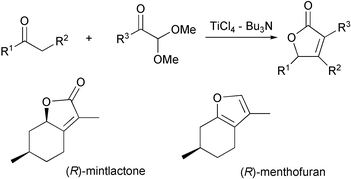 Graphical abstract: Efficient one-step synthesis of trialkylsubstituted 2(5H)-furanones utilizing direct Ti-crossed aldol condensation and its application to the straightforward synthesis of (R)-mintlactone and (R)-menthofuran