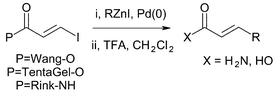 Graphical abstract: Cross coupling reactions of organozinc iodides with solid-supported electrophiles: synthesis of 4-substituted benzoic and 3-substituted (E)- and (Z)-propenoic acids and amides