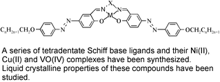 Graphical abstract: Syntheses, characterization and mesomorphic properties of new bis(alkoxyphenylazo)-substituted N,N′ salicylidene diiminato Ni(ii), Cu(ii) and VO(iv) complexes