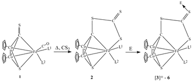 Graphical abstract: The reaction of [{Co(η5-C5H5)}2{Fe(CO)2(PPh3)}(μ3-S)(μ3-CS)] and related complexes with carbon disulfide. Synthesis, structure and reactivity of [{Co(η5-C5H5)}2{Fe(CO)(L)}(μ3-S)(μ3-C2S3)] derivatives (L = PR3 and CNR)