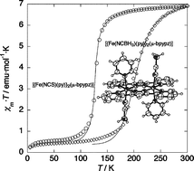 Graphical abstract: Magnetic behavior and Mössbauer spectra of spin-crossover pyrazolate bridged dinuclear diiron(ii) complexes: X-ray structures of high-spin and low-spin [{Fe(NCBH3)(py)}2(μ-bpypz)2]