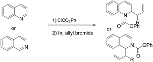 Graphical abstract: Indium mediated allylation of quinoline and isoquinoline activated by phenyl chloroformate