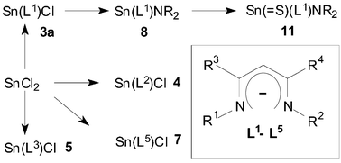 Graphical abstract: Synthesis and structures of β-diketiminatotin(ii) halides, an amide and of Sn( [[double bond, length as m-dash]] E)[{N(R)C(Ph)}2CH](NR2) (E = S or Se, R = SiMe3)