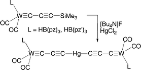Graphical abstract: A mercury bis(tricarbido) complex: [Hg{C [[triple bond, length as m-dash]] C–C [[triple bond, length as m-dash]] W(CO)2Tp}2(dmso)4](dmso)2 (Tp = hydrotrispyrazolylborate)