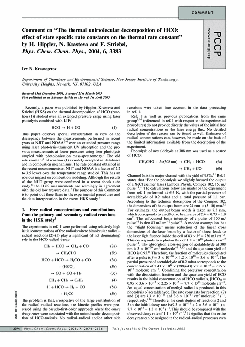 Comment on “The thermal unimolecular decomposition of HCO: effect of state specific rate constants on the thermal rate constant” by H. Hippler, N. Krasteva and F. Striebel, Phys. Chem. Chem. Phys., 2004, 6, 3383