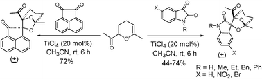 Graphical abstract: TiCl4 catalyzed tandem construction of C–C and C–O bonds: a simple and one-pot atom-economical stereoselective synthesis of spiro-oxindoles