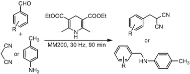 Graphical abstract: Solvent-free mechanochemical and one-pot reductive benzylizations of malononitrile and 4-methylaniline using Hantzsch 1,4-dihydropyridine as the reductant